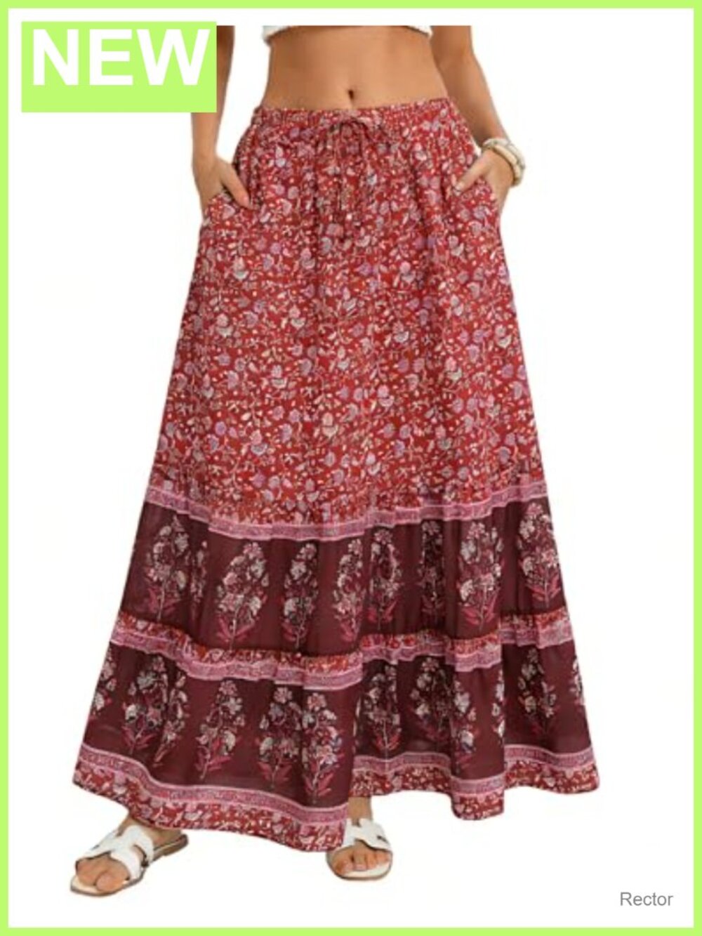 Women's Boho Floral Maxi Skirt Tiered A-Line Flowy Long Skirt with Pockets